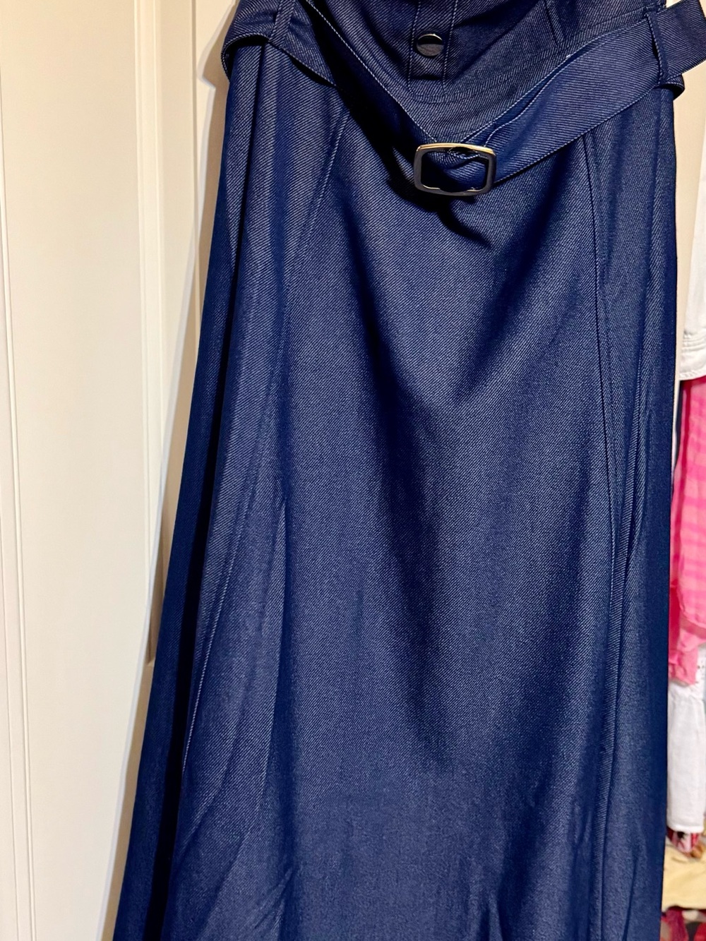 Strapless Dark Lightweight Denim Midi / Maxi Dress with Belt and Gold Buttons - Picture 3 of 5